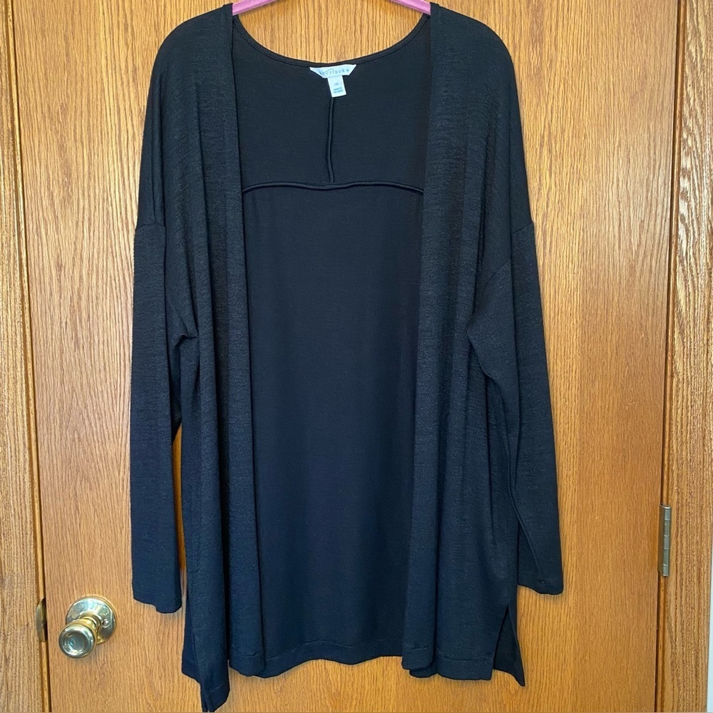Boutique 1X Black Women’s Cardigan Sweater Open Front  Drop Shoulder Side Slits